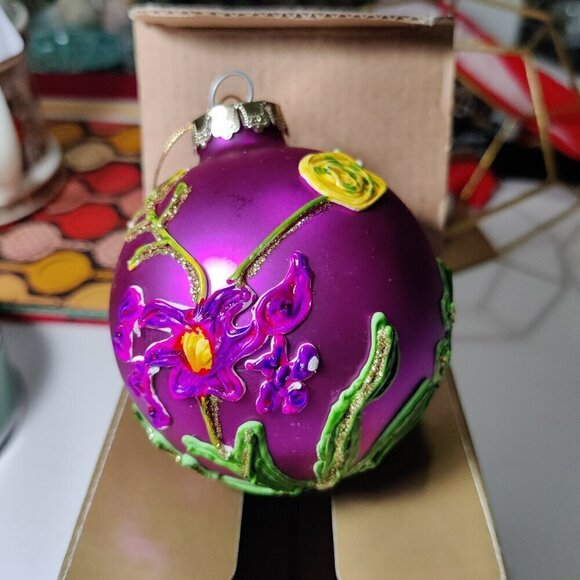 Lilian Vernon February Ornament in Lavender Lustre Paint, hand decorated floral - Picture 1 of 6